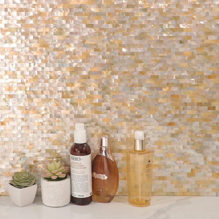 Yellow Gold Mother of Pearl Shell Mosaic Subway Bathroom and Kitchen Walls Tile