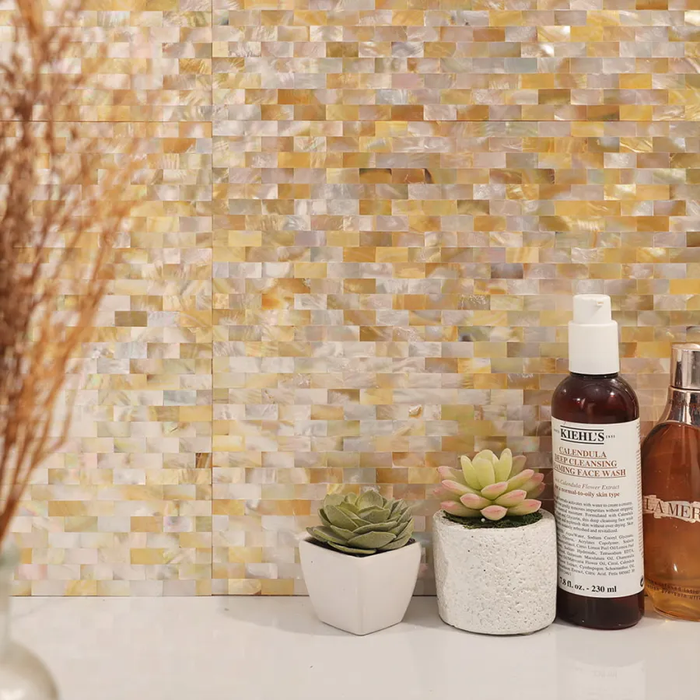 Yellow Gold Mother of Pearl Shell Mosaic Subway Bathroom and Kitchen Walls Tile
