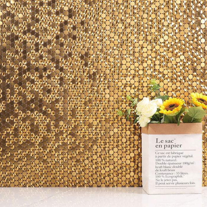 3D Gold Penny Round Brushed Stainless Steel Metal Mosaic Tile