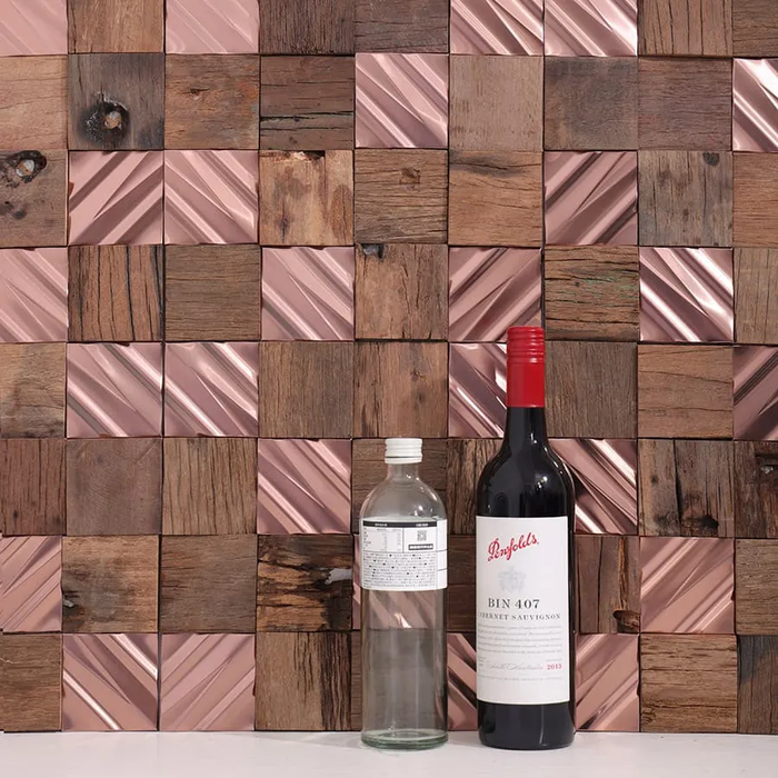 3D Rose Gold Stainless Steel mix Wood Mosaic Metal Wall Tile