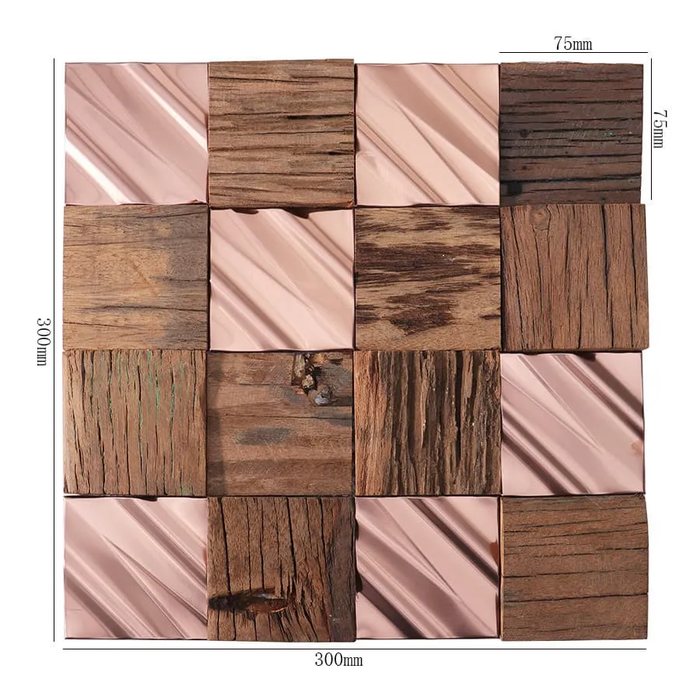 3D Rose Gold Stainless Steel mix Wood Mosaic Metal Wall Tile