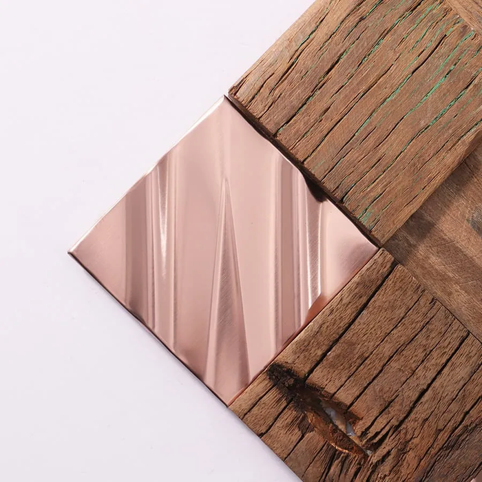 3D Rose Gold Stainless Steel mix Wood Mosaic Metal Wall Tile