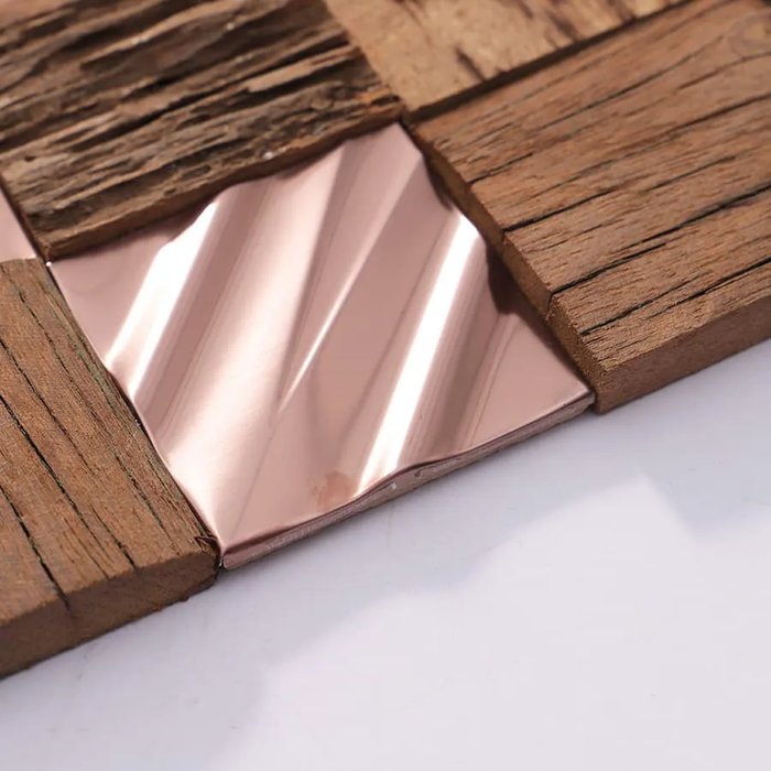 3D Rose Gold Stainless Steel mix Wood Mosaic Metal Wall Tile