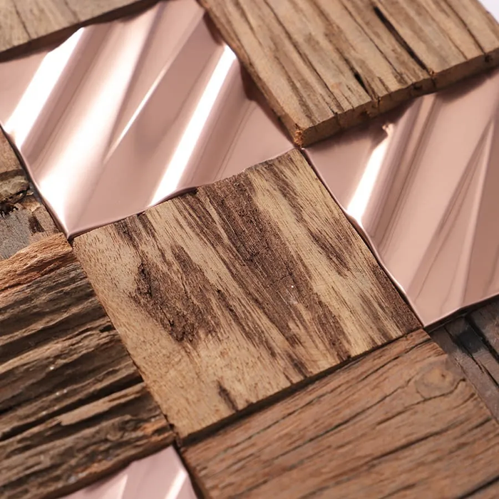 3D Rose Gold Stainless Steel mix Wood Mosaic Metal Wall Tile