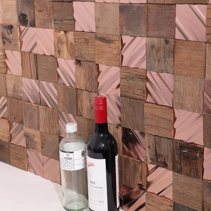 3D Rose Gold Stainless Steel mix Wood Mosaic Metal Wall Tile