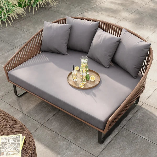 Rattan Outdoor Patio Daybed with Gray Cushion Pillow Black Aluminum Frame ODF013