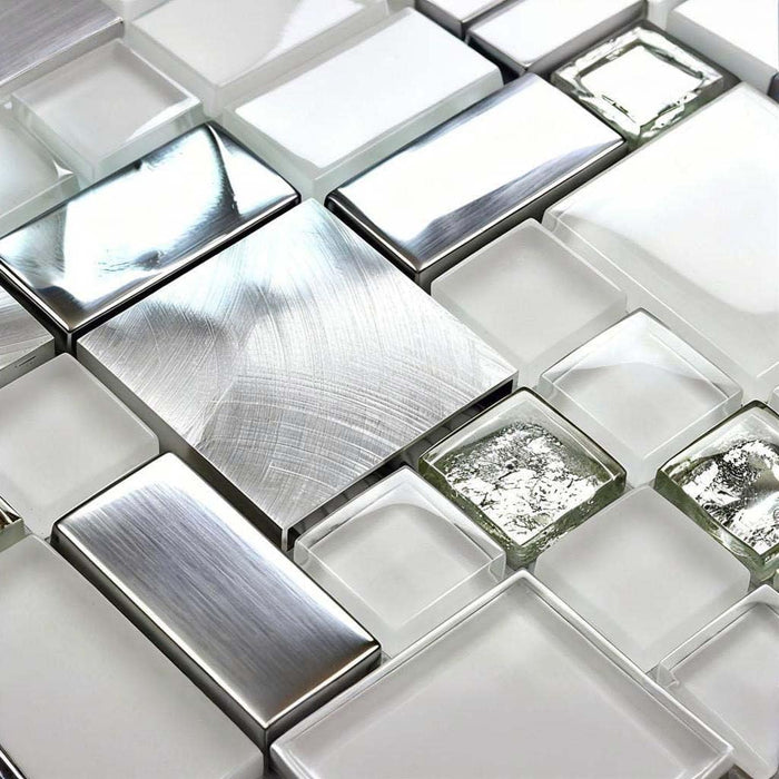Crystal White Glass Metal Mosaic Wall Tile Backsplash for Kitchen Bathroom Shower