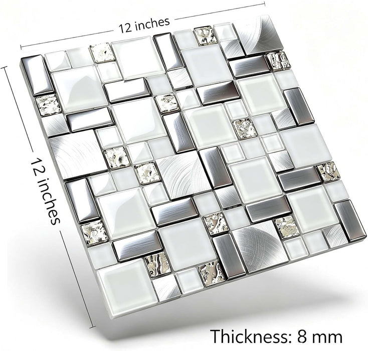 Crystal White Glass Metal Mosaic Wall Tile Backsplash for Kitchen Bathroom Shower