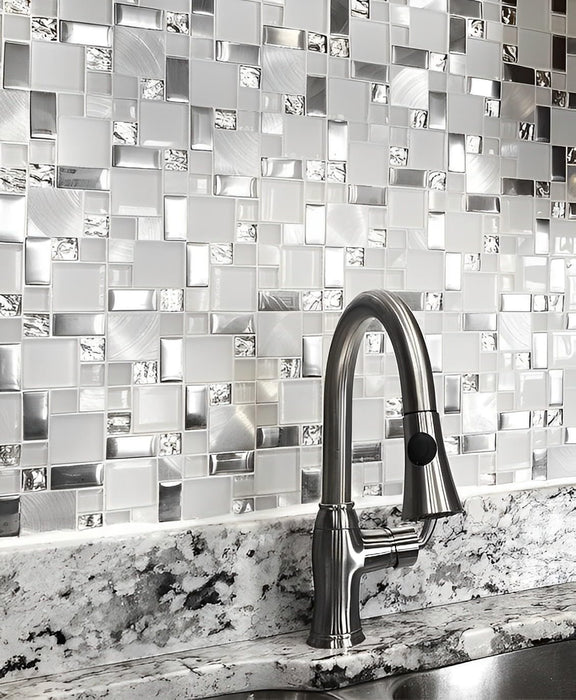 White Glass Silver Metal Aluminum Mosaic Kitchen Backsplash Bathroom Wall Tile SSMT104