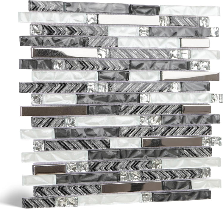 Interlocking Black mix White Glass Linear Tile for Kitchen Backsplash Bathroom Wall Mosaic