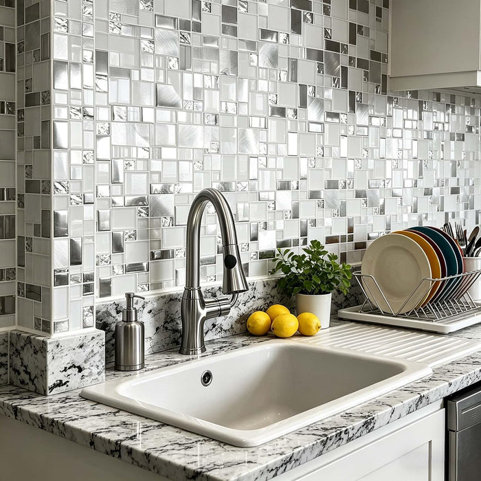 Crystal White Glass Metal Mosaic Wall Tile Backsplash for Kitchen Bathroom Shower