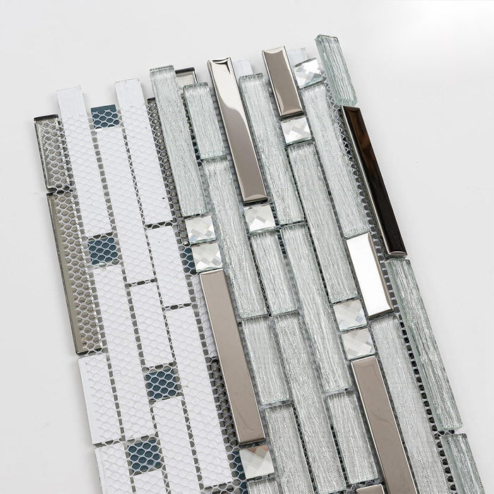 Interlocking Clear White Glass Mosaic Silver Iridescent Metallic Backsplash Wall Tile