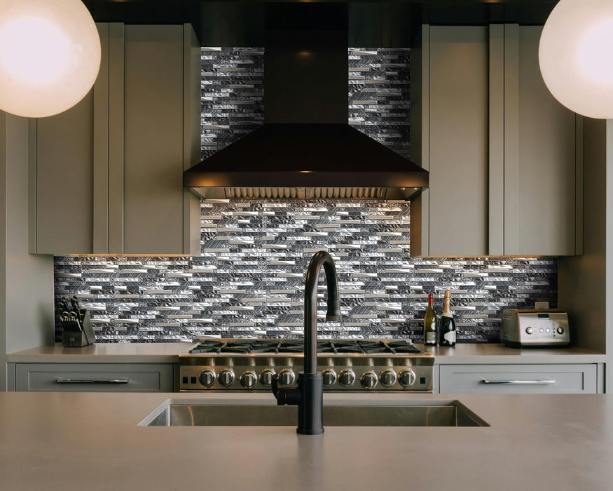 Interlocking Black mix White Glass Linear Tile for Kitchen Backsplash Bathroom Wall Mosaic