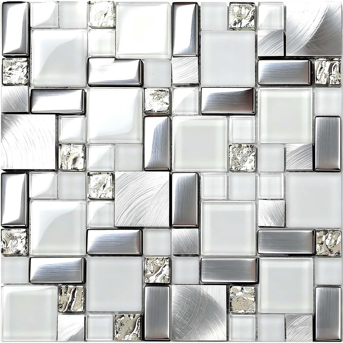 Crystal White Glass Metal Mosaic Wall Tile Backsplash for Kitchen Bathroom Shower