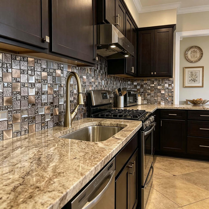 Glass Metal Mosaic Brown Gray Rose Copper Stainless Steel Tile Backsplash for Kitchen Bathroom Wall