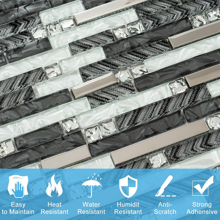 Interlocking Black mix White Glass Linear Tile for Kitchen Backsplash Bathroom Wall Mosaic
