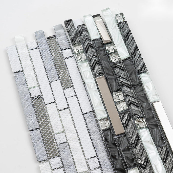 Interlocking Black mix White Glass Linear Tile for Kitchen Backsplash Bathroom Wall Mosaic