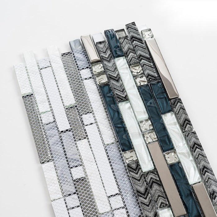 Linear Wall Tile Teal Blue White Mosaic for Kitchen Bathroom Backsplash Wall