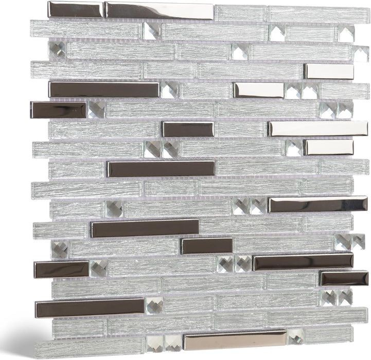 Interlocking Clear White Glass Mosaic Silver Iridescent Metallic Backsplash Wall Tile