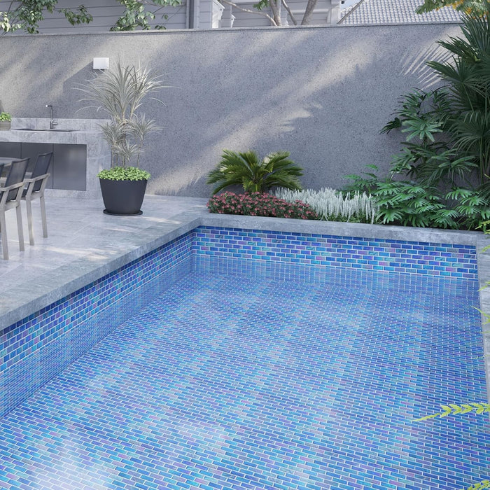 Iridescent Blue Glass Mosaic Backsplash Glass Tile for Swimming Pool Kitchen Bathroom Wall