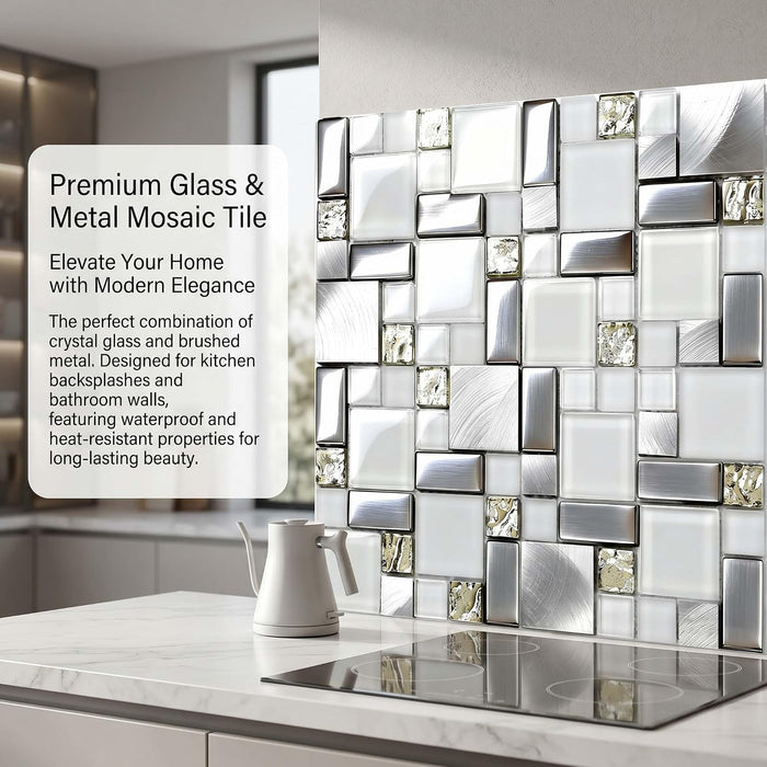 Crystal White Glass Metal Mosaic Wall Tile Backsplash for Kitchen Bathroom Shower