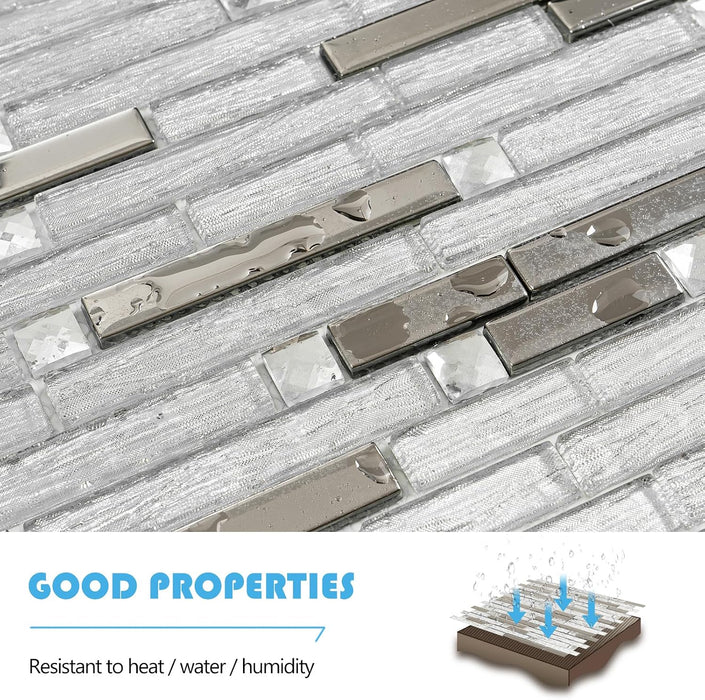 Interlocking Clear White Glass Mosaic Silver Iridescent Metallic Backsplash Wall Tile
