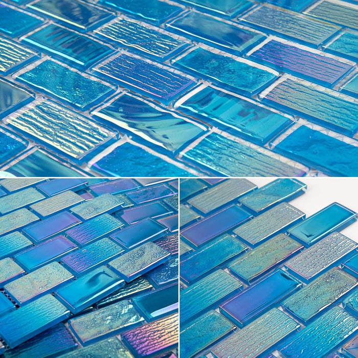 Iridescent Blue Glass Mosaic Backsplash Glass Tile for Swimming Pool Kitchen Bathroom Wall