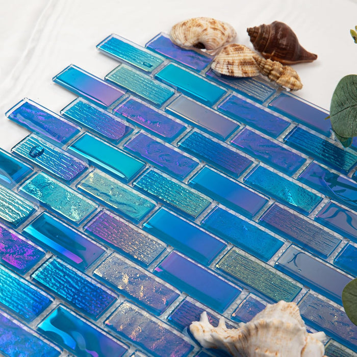 Iridescent Blue Glass Mosaic Backsplash Glass Tile for Swimming Pool Kitchen Bathroom Wall
