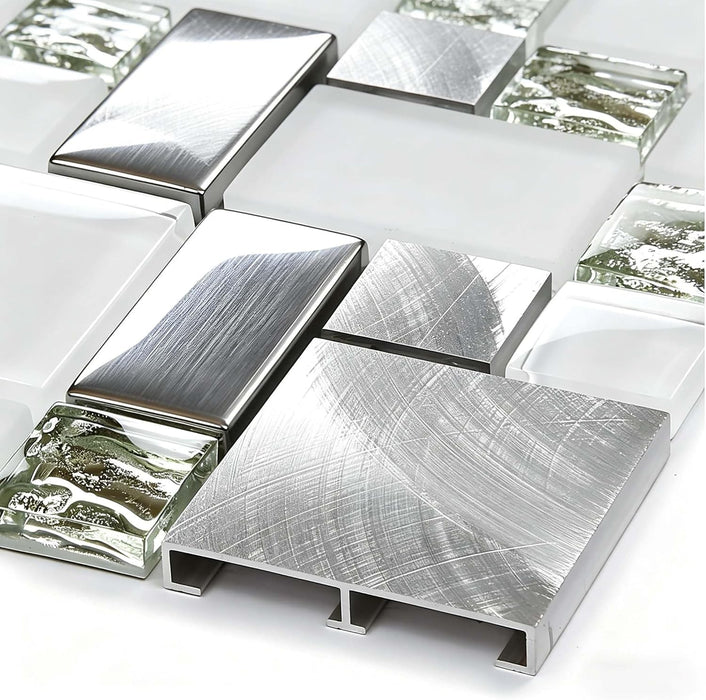 Crystal White Glass Metal Mosaic Wall Tile Backsplash for Kitchen Bathroom Shower