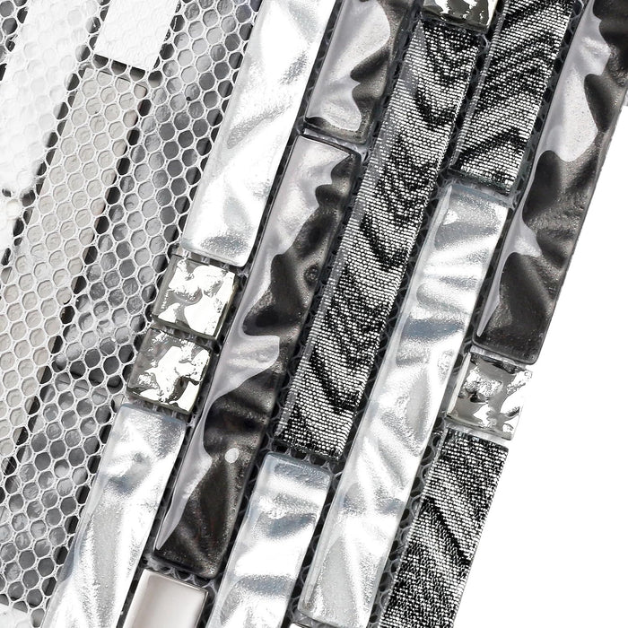 Interlocking Black mix White Glass Linear Tile for Kitchen Backsplash Bathroom Wall Mosaic