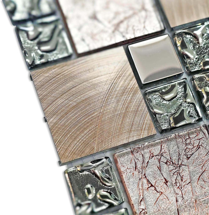 Glass Metal Mosaic Brown Gray Rose Copper Stainless Steel Tile Backsplash for Kitchen Bathroom Wall