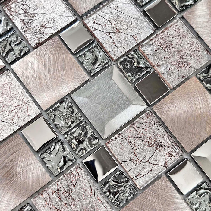 Glass Metal Mosaic Brown Gray Rose Copper Stainless Steel Tile Backsplash for Kitchen Bathroom Wall