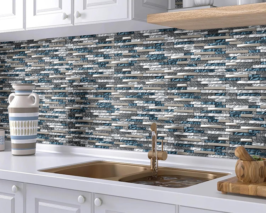Linear Wall Tile Teal Blue White Mosaic for Kitchen Bathroom Backsplash Wall