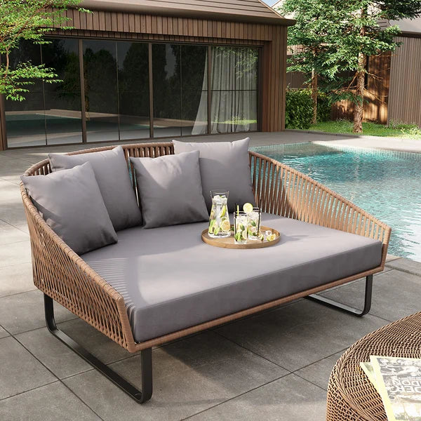 Rattan Outdoor Patio Daybed with Gray Cushion Pillow Black Aluminum Frame ODF013