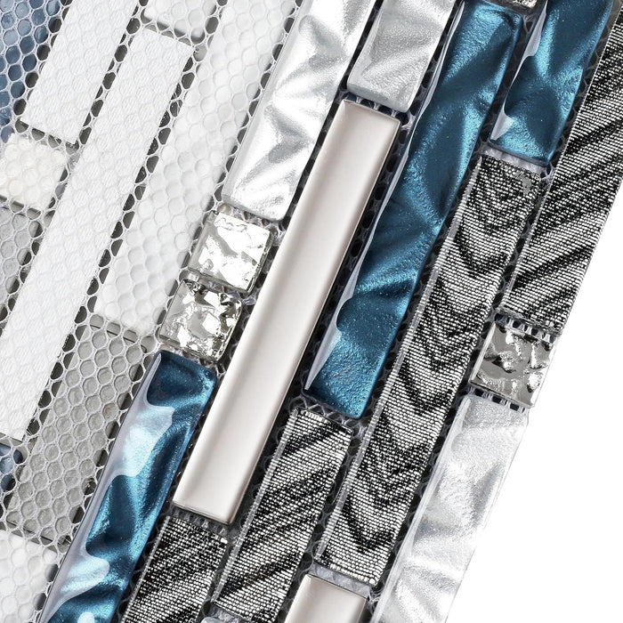 Linear Wall Tile Teal Blue White Mosaic for Kitchen Bathroom Backsplash Wall