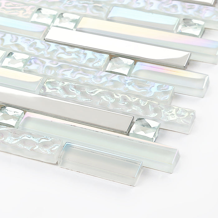 Iridescent White Glass Silver Chrome Stainless Steel Interlocking Mosaic Tile