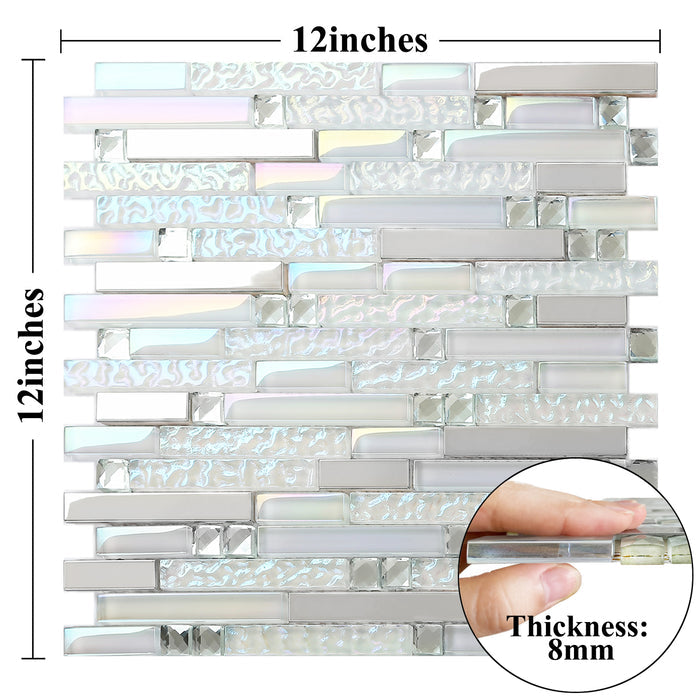 Iridescent White Glass Silver Chrome Stainless Steel Interlocking Mosaic Tile
