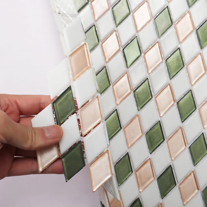 Vintage Rhombus Diamond Green Mixed White and Gold Glass Mosaic Wall Tile CGMT2418