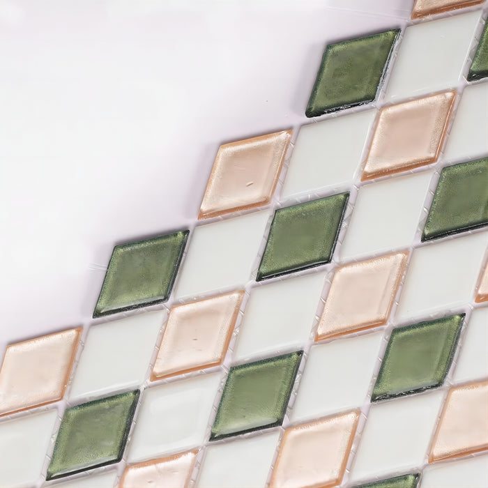 Vintage Rhombus Diamond Green Mixed White and Gold Glass Mosaic Wall Tile CGMT2418