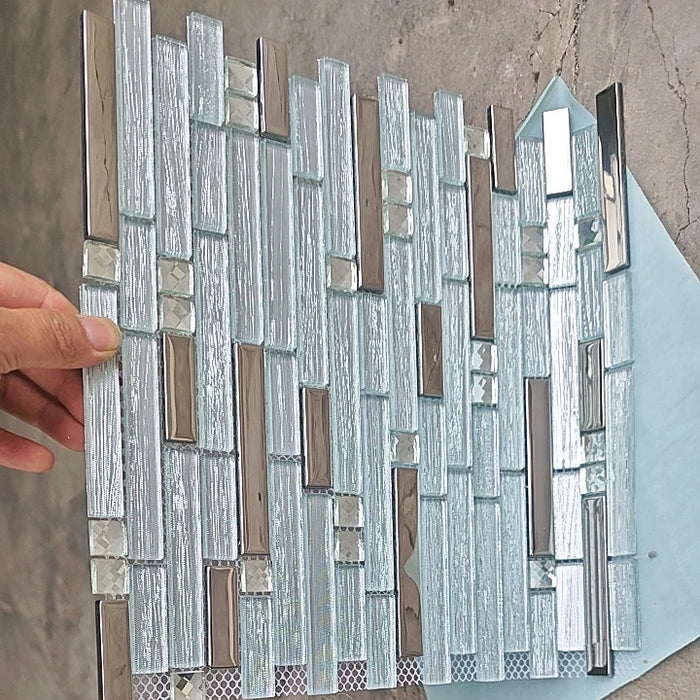 Interlocking Clear White Glass Mosaic Silver Iridescent Metallic Backsplash Wall Tile