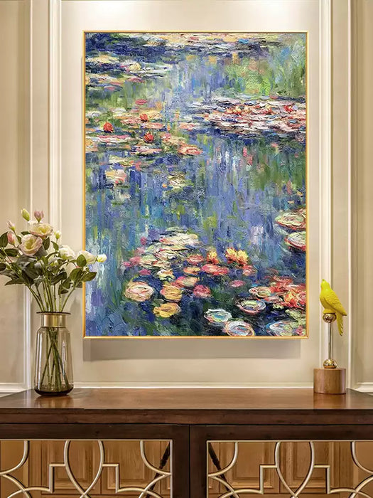 Monet Lotus Water Lily Hand Oil Painting, Modern Minimalist Living Room Background Wall Light Luxury Hanging Painting HPO001