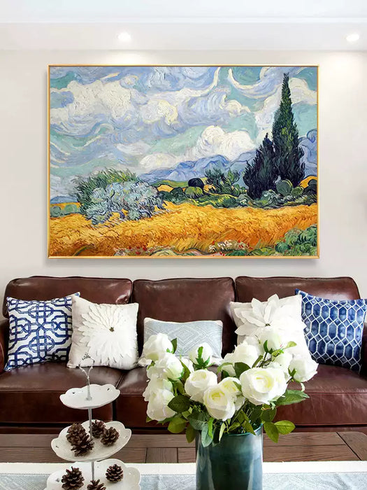 Cypress Trees and Wheat Fields Hand Oil Painting, Van Gogh Handmade Painting for Wall Decors HPO009