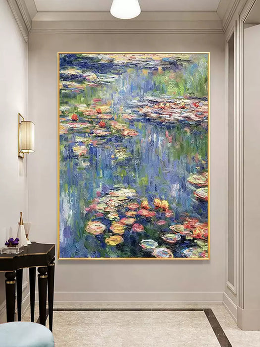 Monet Lotus Water Lily Hand Oil Painting, Modern Minimalist Living Room Background Wall Light Luxury Hanging Painting HPO001