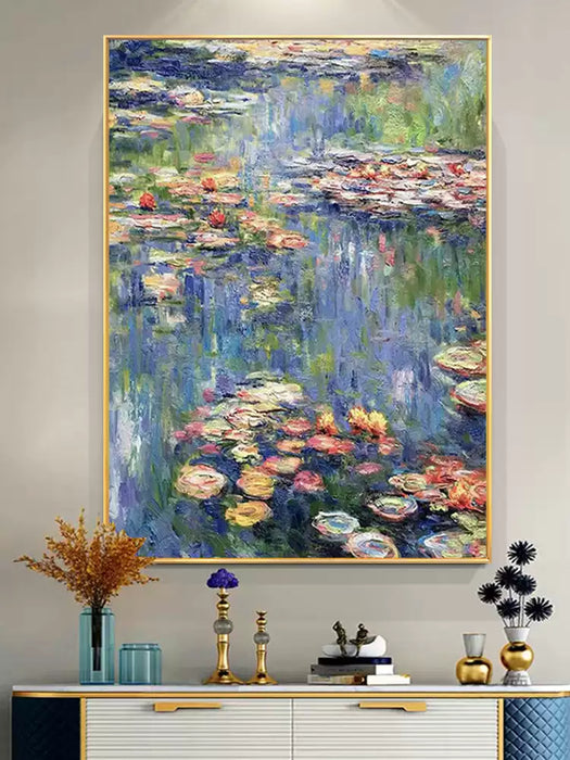 Monet Lotus Water Lily Hand Oil Painting, Modern Minimalist Living Room Background Wall Light Luxury Hanging Painting HPO001