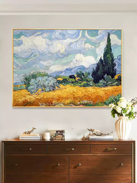 Cypress Trees and Wheat Fields Hand Oil Painting, Van Gogh Handmade Painting for Wall Decors HPO009