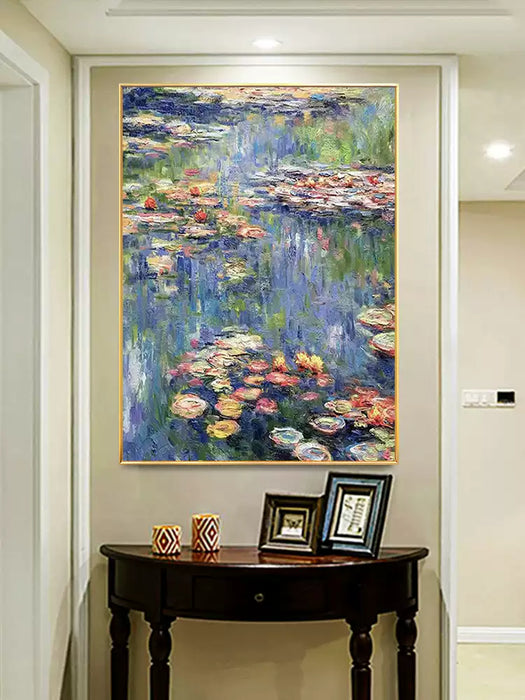 Monet Lotus Water Lily Hand Oil Painting, Modern Minimalist Living Room Background Wall Light Luxury Hanging Painting HPO001