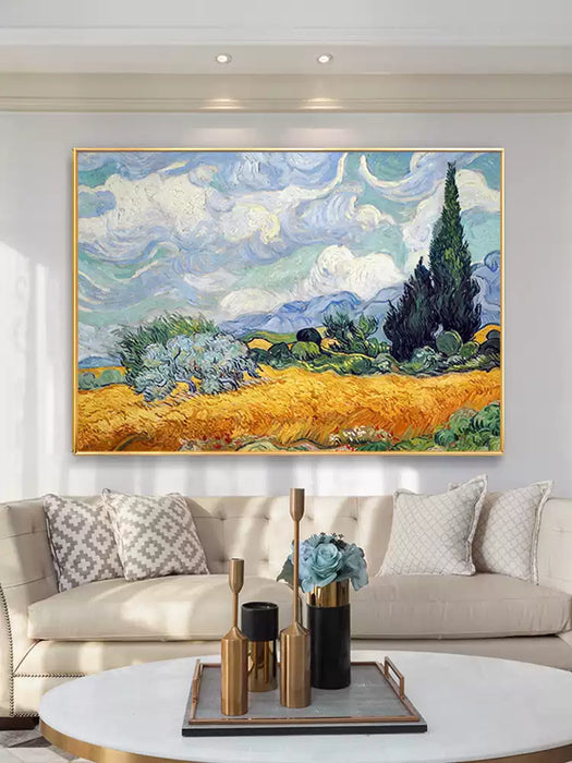 Cypress Trees and Wheat Fields Hand Oil Painting, Van Gogh Handmade Painting for Wall Decors HPO009