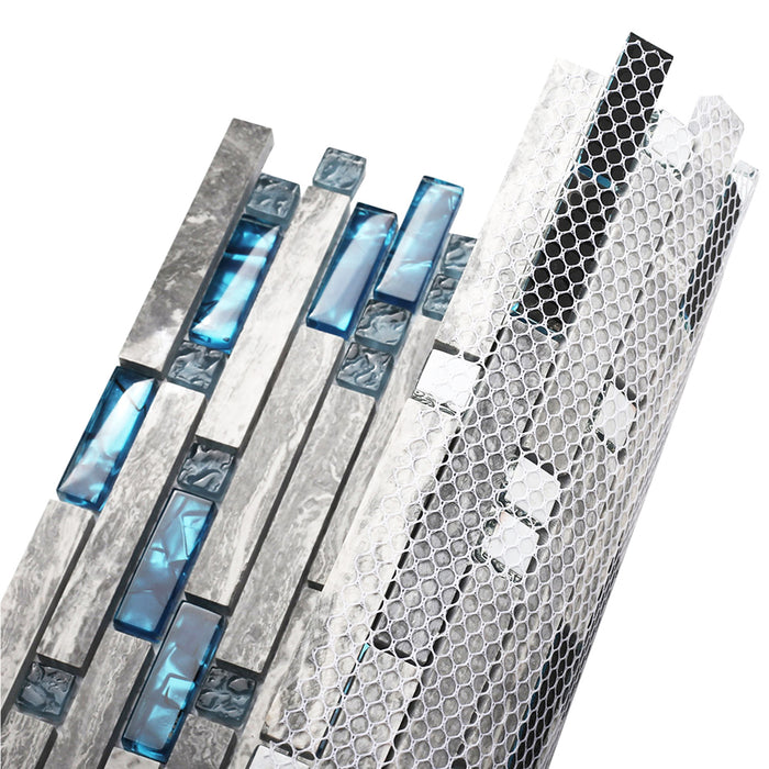 Gray Marble mix Teal Blue Interlocking Glass Mosaic Bathroom Shower Wall Backsplash Tile