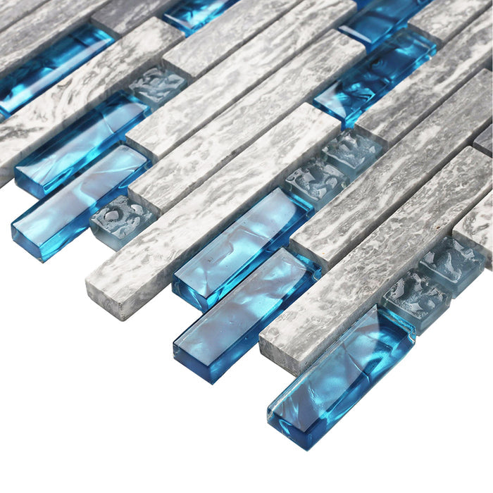 Gray Marble mix Teal Blue Interlocking Glass Mosaic Bathroom Shower Wall Backsplash Tile