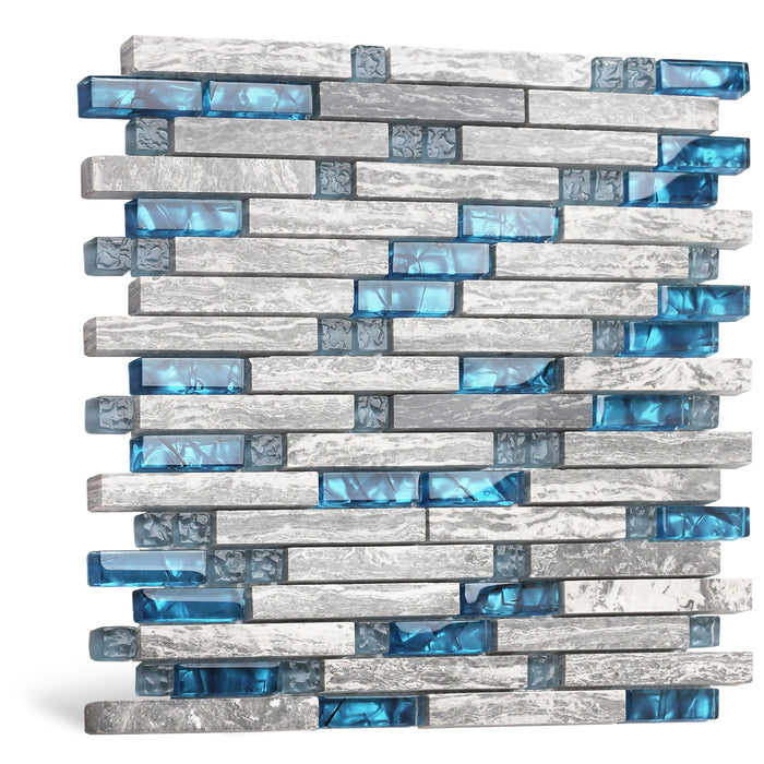Gray Marble mix Teal Blue Interlocking Glass Mosaic Bathroom Shower Wall Backsplash Tile